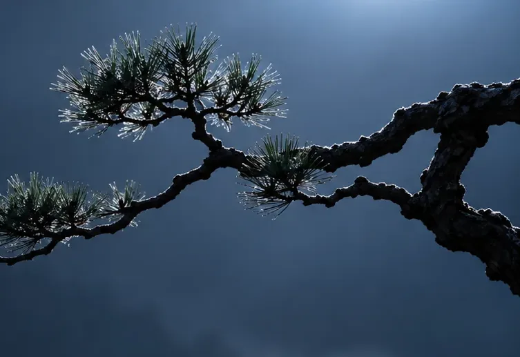 Galhos de bonsai alternados, recortados em contraluz contra o céu.