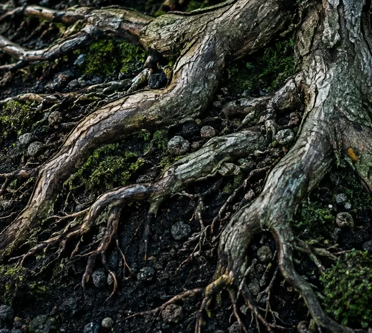 Raízes de bonsai espalhadas sobre a terra, visíveis em todas as direções.