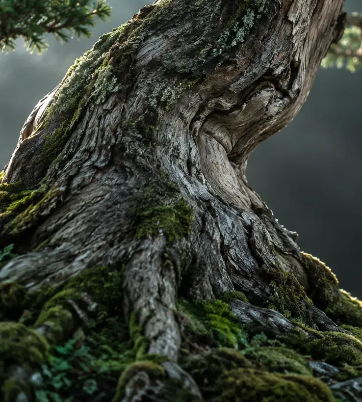 Base de um tronco grosso de bonsai, afinando conforme sobe, coberta de musgo.