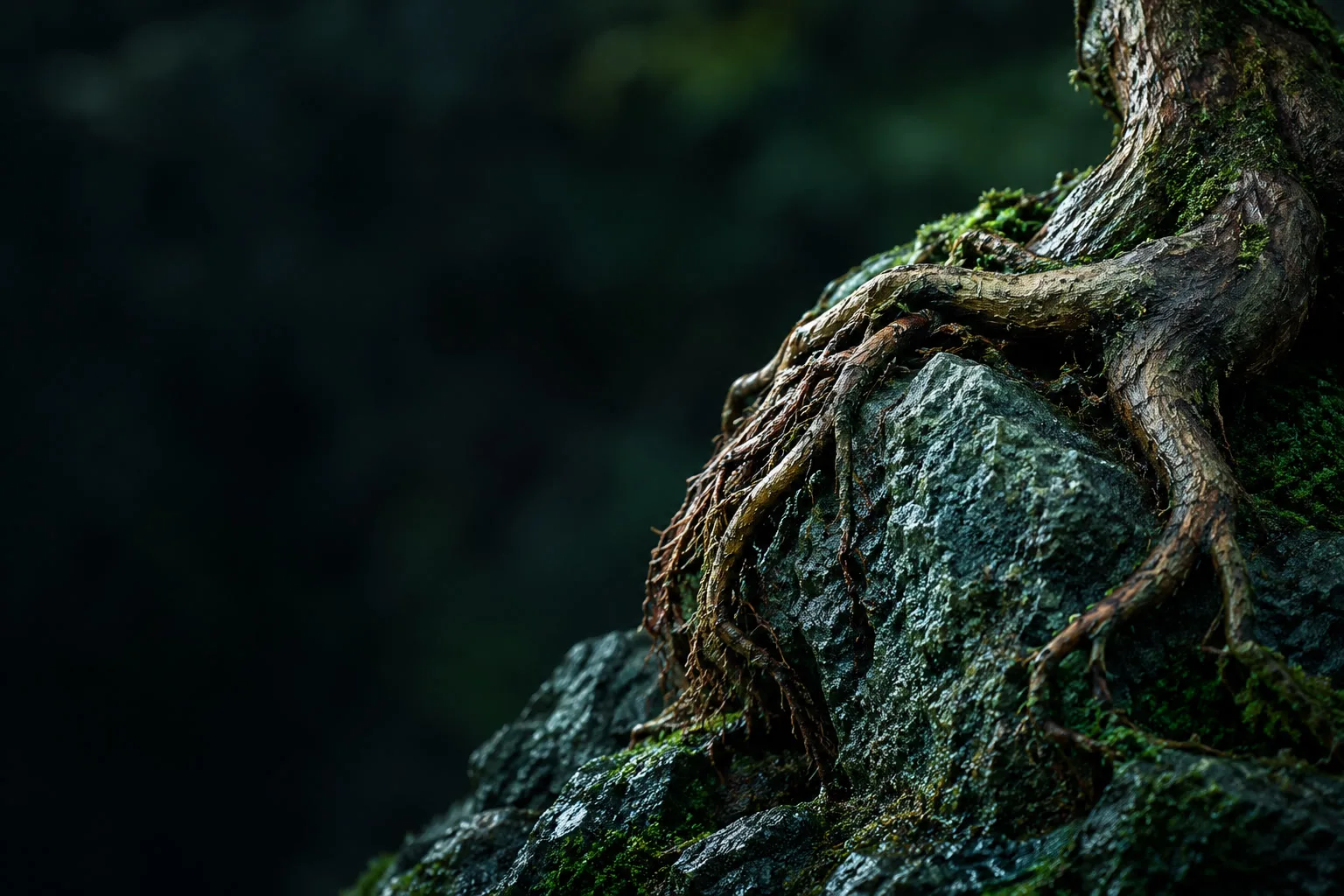 Raiz exposta de um bonsai agarrada a uma pedra escura, fotografada de lado com luz fria.