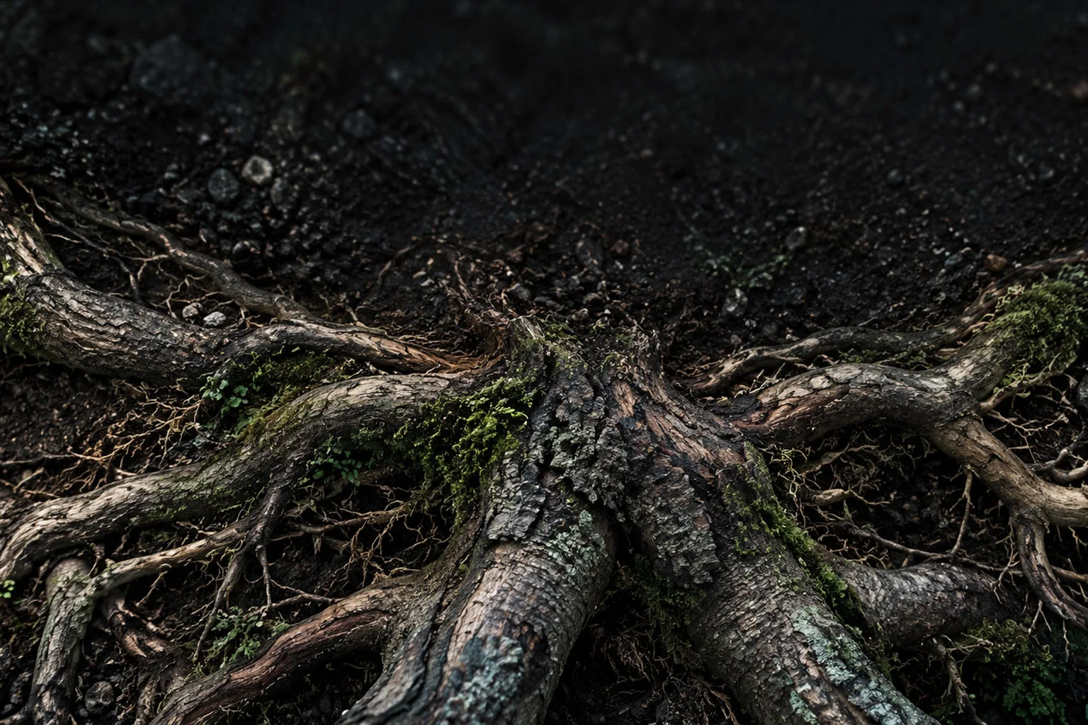 Raízes de bonsai vistas de cima, espalhadas sobre o substrato escuro.