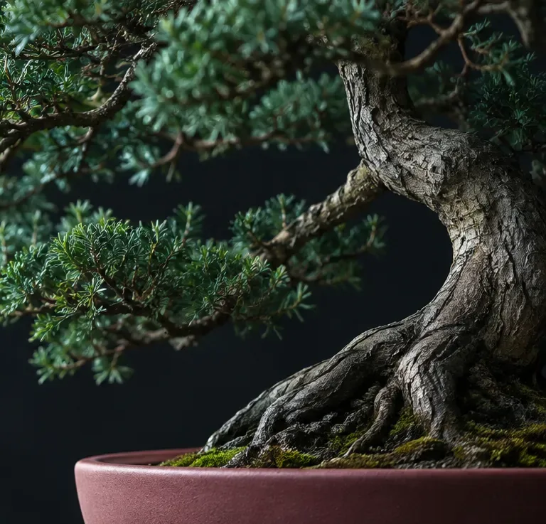 Tronco e raízes de um bonsai emergindo do vaso de cerâmica, vistos de lado.